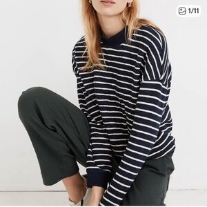 Madewell Navy White Quilted Stripe Pullover Streetwear Baggy Sweatshirt Size L